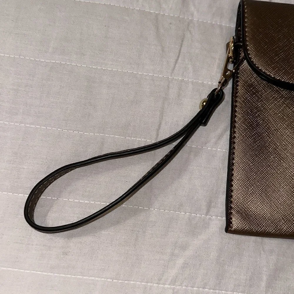 Elim & Paul Taupe Gold Tone Metallic Envelope Clutch Wristlet